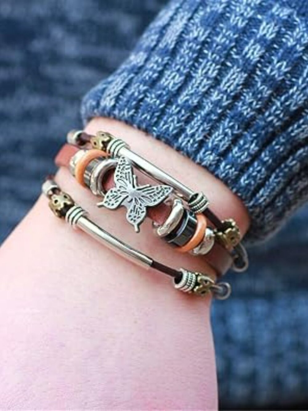 NEW Boho Leather Bracelet Punk Alloy Butterfly Multi Layer & Colors